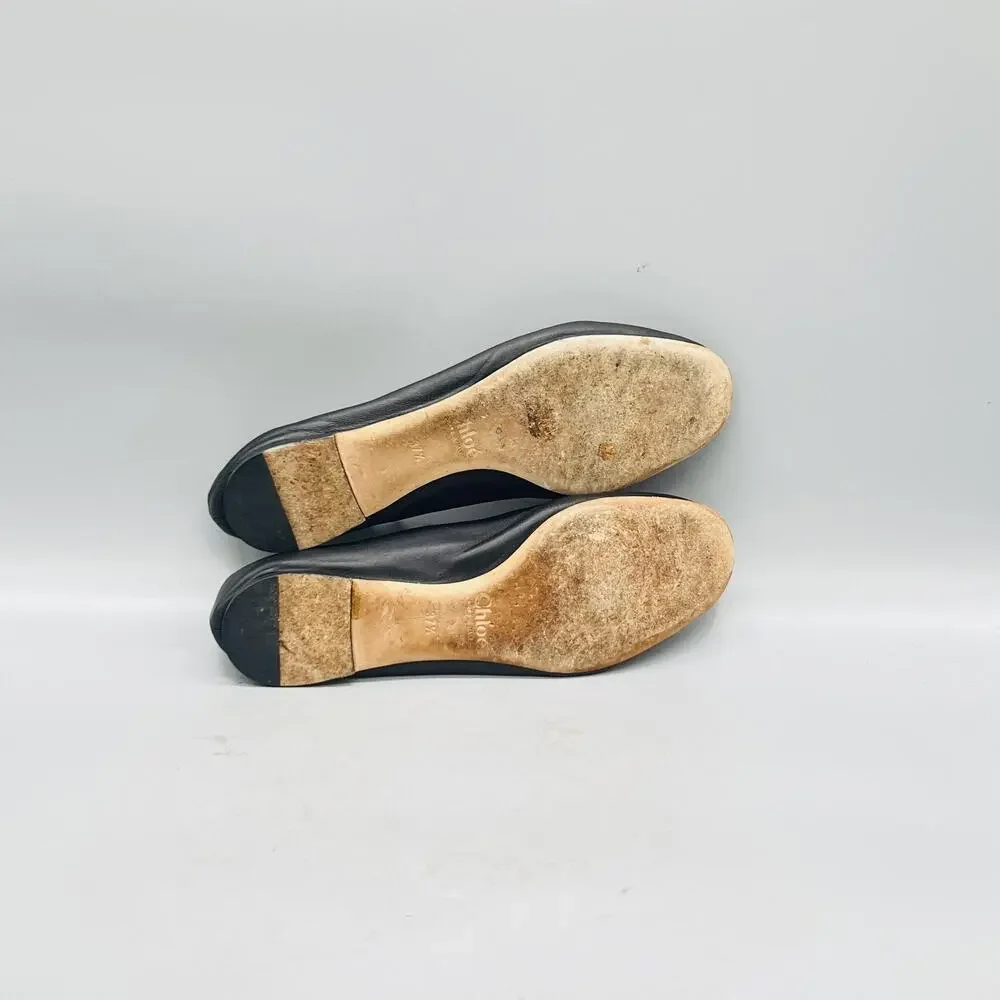Chloe Shoes Womens 7 Black Leather Lauren Ballet Flats Scalloped Slip On Comfort